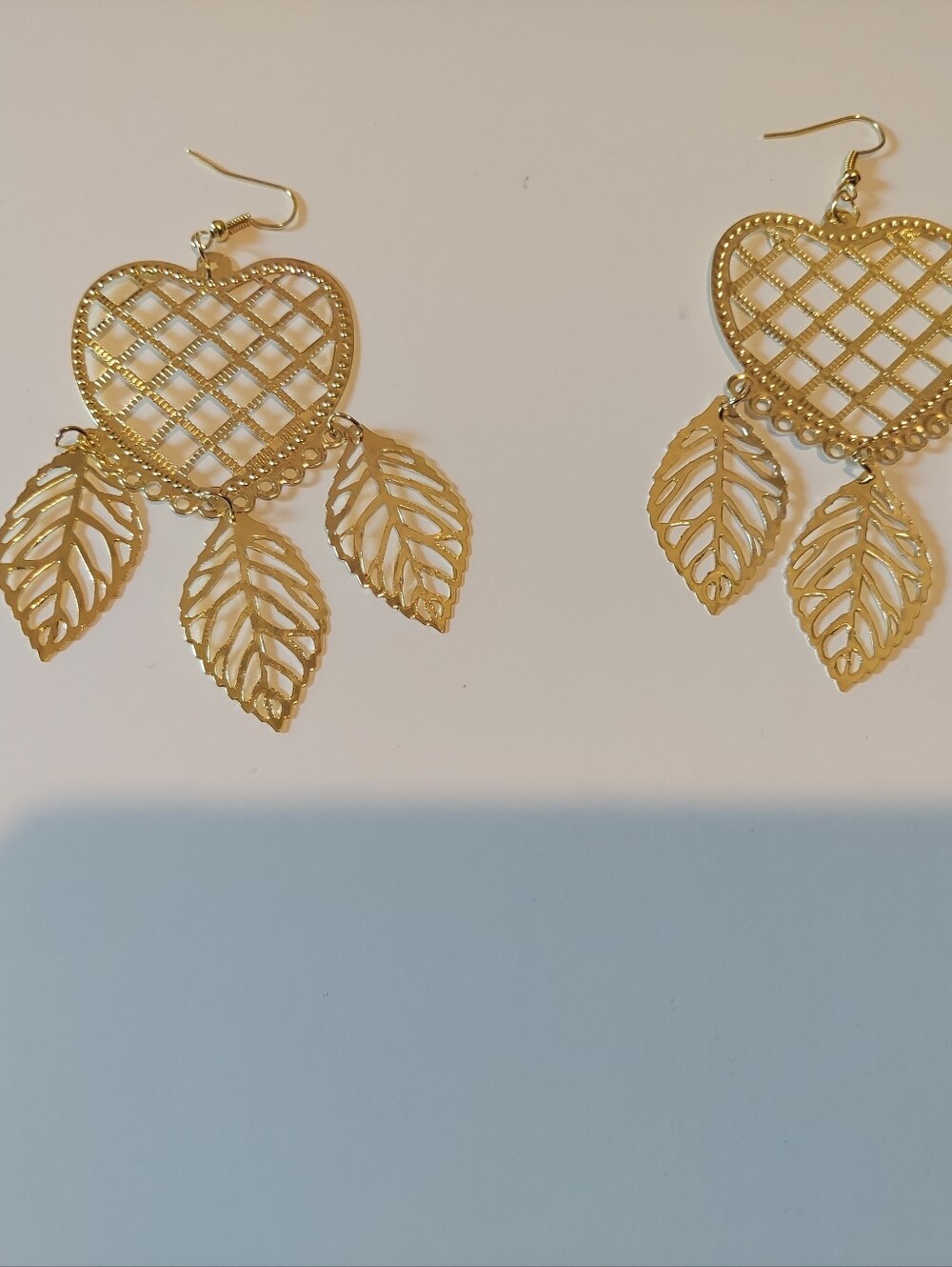 Gold Heart Filigree Drop Earrings with Leaf Dangles - Women Jewelry